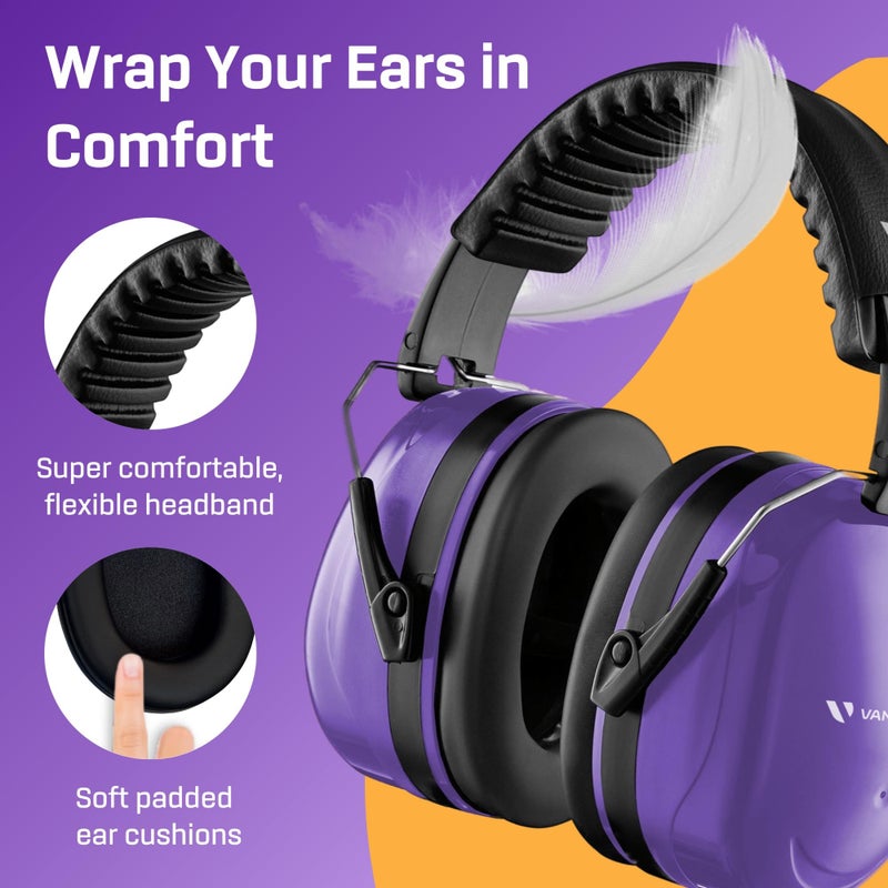 Vanderfields Premium Hearing Protection Ear Muffs - Broad Spectrum Sound Reduction 36.1dB at 2K Hz Noise Cancelling - Headset Safety Noise Cancellation - Headphones Adults and Teens - Purple Power - Image 4